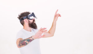 Man wearing a virtual reality headset.