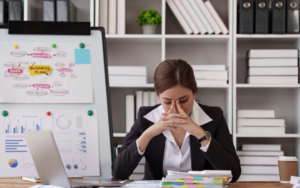 A woman is sitting at her desk at work in front of a computer with her head in her hands. she is surrounded by piles of work to do and a board with lots of tasks written on it. She is overwhelmed.